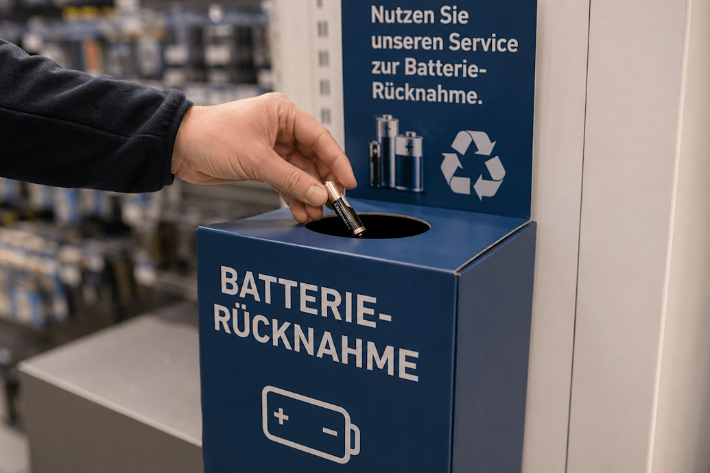 Batterie wird in Batterie-Rücknahme-Behälter geworfen