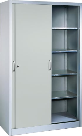 CP Schiebetürenschrank B1600xT500xH1950 mm RAL 7035, 8 Fachböden mit Mitteltrennwand