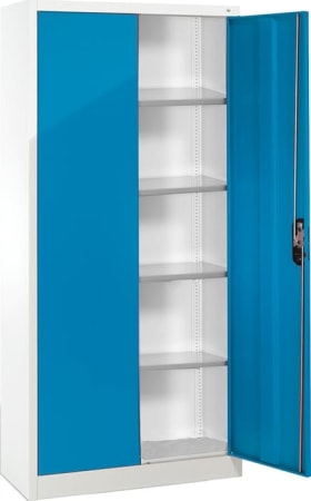 CP Flügeltürenschrank B1200xT400xH1950 mm RAL 7035/5012,4Fachböden Tragkraft 70kg
