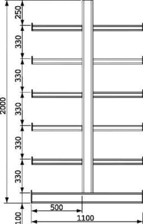 META Kragarmregal ATLAS ST B2700xT2x500xH2000 mm doppelseitig RAL 5010 2x5 Arme Traglast 200kg