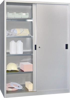 SCHIEBETÜRENSCHRANK 1500X600X1950MM RAL 7035 8 BÖDEN VERZINKT 30302-150-600