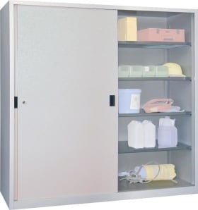 SCHIEBETÜRENSCHRANK 2000X600X1950MM RAL 7035 8 BÖDEN VERZINKT 30302-200-600