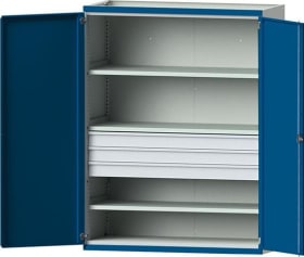 Schwerlastschrank B1485xT630xH1950mm RAL7035/5010 o.Mittelwand3Böden,2Schubladen 100kg