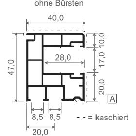ROLLLADENF. 40X47 MM WS.930/B2 650113, WEICHLIPPE 2 SCHWARZ.BÜRST. LG.6500 MM