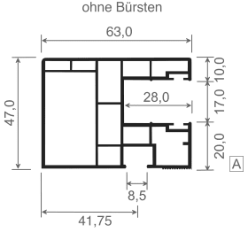 ROLLLADENSCHIENE 63 X 47 LG. 6MTR. WEISS BEIDS. SCHWARZER BÜRSTE 934/B2