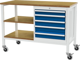 Kastenwerkbank mobil B1300mm 5 Schubladen 2 Böden RAL7035/5010