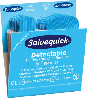 SALVEQUICK BLUE DETECTABLE PLASTER 51030126  À 30 STK. IM 6ER-PACK FINGERS.