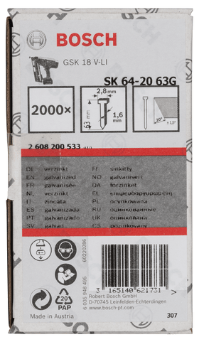 Bosch Senkkopf-Stift SK64 20G, 63 mm verzinkt, 2000 Stk.