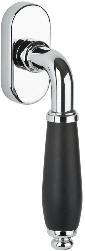 Hermat Fenstergriff LILLE 1157/DK,Stand.,ov.,7/35,gl.chr./Holz dunk./schwarz