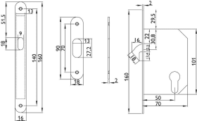 Hermat Schiebetürschloss 3656,mit Zirkelriegel,PZ,D50,F16x160rd,vern.