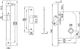 Hermat Schiebetürschloss 3656,mit Zirkelriegel,WC,D50,F16x160rd,schw.