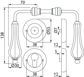 Hermat Drückergarnitur 1048,Ros.,rd.,PZ,8,eis.ant.schw./Porz.ws.