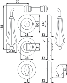 Hermat Drückergarnitur 1048,Ros.,rd.,WC/S,8(8),eis.ant.schw./Porz.ws.