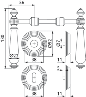 Hermat Drückergarnitur 1060,Ros.,rd.,BB,8,eis.ant.schw./Porz.ws.