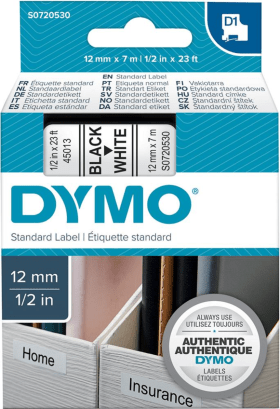 DYMO SCHRIFTBAND D1 45013 SCHWARZ/WEISS 12MMX7M 5411313450133