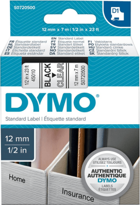 DYMO SCHRIFTBAND D1 45010 SCHWARZ/ TRANSPARENT 12MMX7M 5411313450102