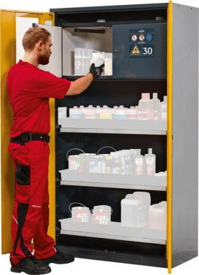 CHEMIKALIENSCHRANK GELB GLAS 3 TABLARAUS ZÜGE 3084904030858