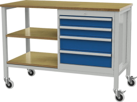 KASTENWERKBANK MOBIL 1300MM 4 SCHUBLADEN 2 BÖDEN RAL7035/5010 FO604MKW13-2