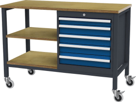 KASTENWERKBANK MOBIL 1300MM 5 SCHUBLADEN 2 BÖDEN RAL7016/5010 FO605MKW13-1