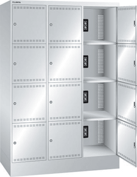 AKKU-FÄCHERLADESCHRANK 1205X585X1790MM R7035 3X4 FÄCHER 2X230V JE FA 98.410.020