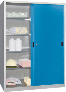 SCHIEBETÜRENSCHRANK 1500X500X1950MM RAL 7035/5012 8 BÖD. VZ 30302-150-500-735512