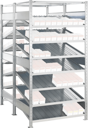 SCHRÄGBODENREGAL B1000XT2X500XH2000 MM A NBAUFELD 2X8 BÖDEN VZK FACHLAST 150KG