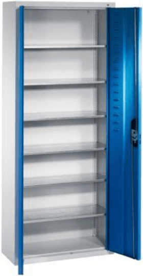 CP Lager-Regalschrank B700xT300xH1690 mm RAL 7035/5012 mit Türen 6 Fachböden