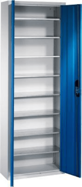 CP Lager-Regalschrank B700xT300xH1980 mm RAL 7035/5012 mit Türen 9 Fachböden