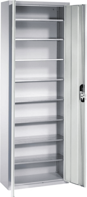 CP Lager-Regalschrank B700xT300xH1980 mm RAL 7035 mit Türen 9 Fachböden