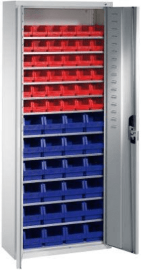 CP Lager-Regalschrank B700xT300xH1690 mm RAL 7035 mit Türen 11 Fachböden, 60 Kästen