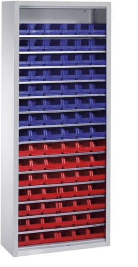 CP Lager-Regalschrank B700xT300xH1690 mm RAL 7035 ohne Türen 14 Fachböden, 90 Kästen