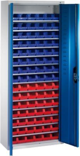 CP Lager-Regalschrank B700xT300xH1690 mm RAL 7035/5012 mit Türen 14 Fachböden, 90 Kästen