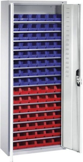 CP Lager-Regalschrank B700xT300xH1690 mm RAL 7035 mit Türen 14 Fachböden, 90 Kästen