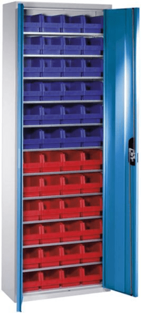 CP Lager-Regalschrank B700xT300xH1980 mm RAL 7035/5012 mit Türen 11 Fachböden, 48 Kästen