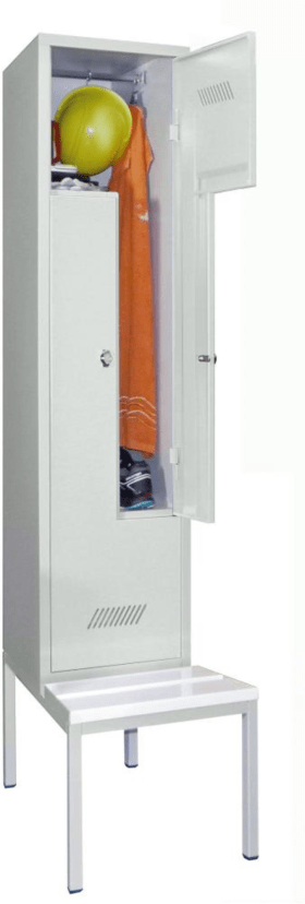 Pavoy Z-Garderobenschrank, Sitzbank weiß, 2-tlg, Drehriegel, RAL 7035