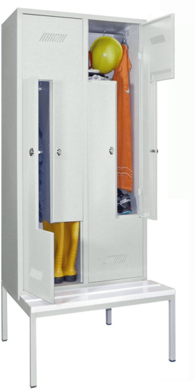 Pavoy Z-Garderobenschrank, Sitzbank weiß, 4-tlg, Drehriegel, RAL 7035