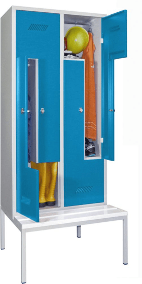 Pavoy Z-Garderobenschrank, Sitzbank weiß, 4-tlg, Drehriegel, RAL 7035/5012