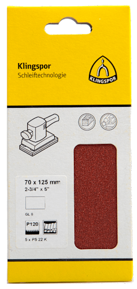 Klingspor PS 22 K Streifen kletthaftend, 70 x 125 mm Korn 60 ohne Loch, SB-verpackt im Reiter