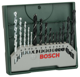 Bosch Mini-X-Line Mixed-Set, 15-teilig, 5 Stein-, 5 Metall-, 5 Holzbohrer