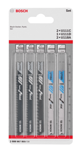 Bosch 5-tlg. Stichsägeblatt-Set Wood and Metal, U-Schaft U 111 C, U 111 D, U 118 A