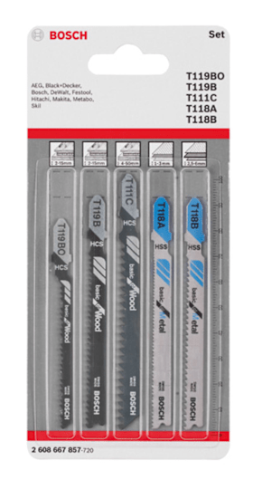 Bosch 5-tlg. Stichsägeblatt-Set Basic for Wood and Metal Basic, T-Schaft
