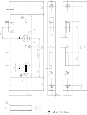 Pendeltür-, Schiebetür-, Glastür-, Fallen-, Riegel- und Spezialschloss für Holztüren 521-PZW/30-L-24-K-48-M