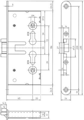 KFV PA-Einsteckschloss EE180-E,PZW72/9,D65,F24x235rd,ER