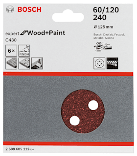 Bosch Schleifblatt C430, 125 mm, 60, 120, 240, 8 Löcher, Klett, 6er-Pack