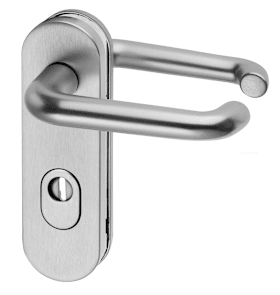 Dieckmann Alu-FS-Schutz-Drücker-Garnitur, ES-1, Serie Logo/k FS, ovales Kurzschild 15mm, 72 ZA,, 9mm VKT, TS=39-48mm, 103/103, 5715 F01