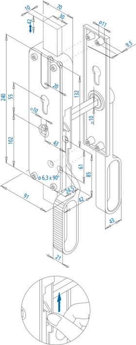 FALTTOR-TREIBRIEGEL 1199 AUTO SCHLIEß. RS HEB 2SEIT PZ-VORGER+LM ELOX AUßENSCHI