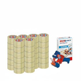 tesa Packband-Set transparent 36x Packband + 1x Handabroller – 66 m x 50 mm, leise abrollend, UV-beständig