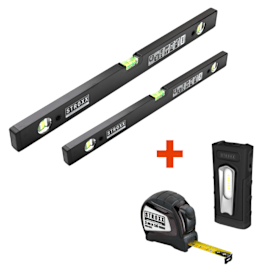 STROXX Wasserwaagen-Set 80cm + 180cm, inkl. Arbeitslampe 500lm & Maßband 3m