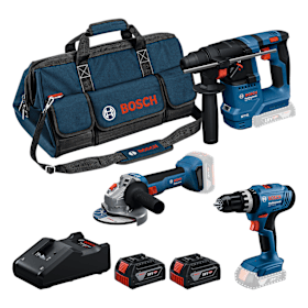 Bosch Combo Kit Set mit 3 18V-Werkzeugen: GSB + GBH + GWS + 2x GBA 4.0Ah + GAL18V-40