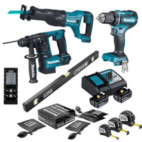 Makita Akku-Montage-Set 18V – Bohrschrauber, Bohrhammer, Reciprosäge + STROXX Zubehör